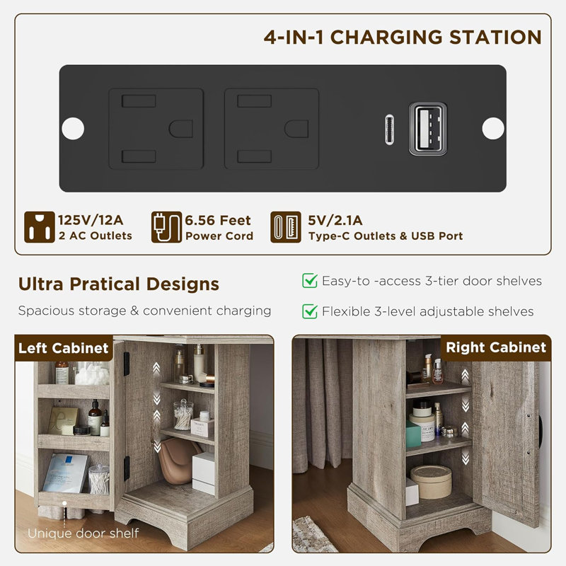 48" Corner Vanity with 3-Sided LED Mirror and Built-in Charging Station, Gray