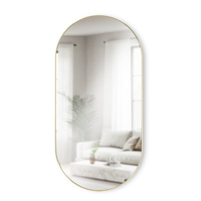 Hubba Pill Wall Mirror 36" x 18" – Large Mirror with Slim Brass Frame, Modern Elongated Oval Design for Bathroom, Bedroom, Living Room & Entryway