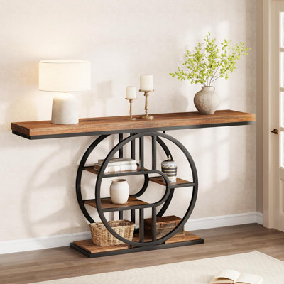 55" Hallway Console Table with 5-Tier Storage - Heavy-Duty O-Shaped Metal Frame Entryway Table