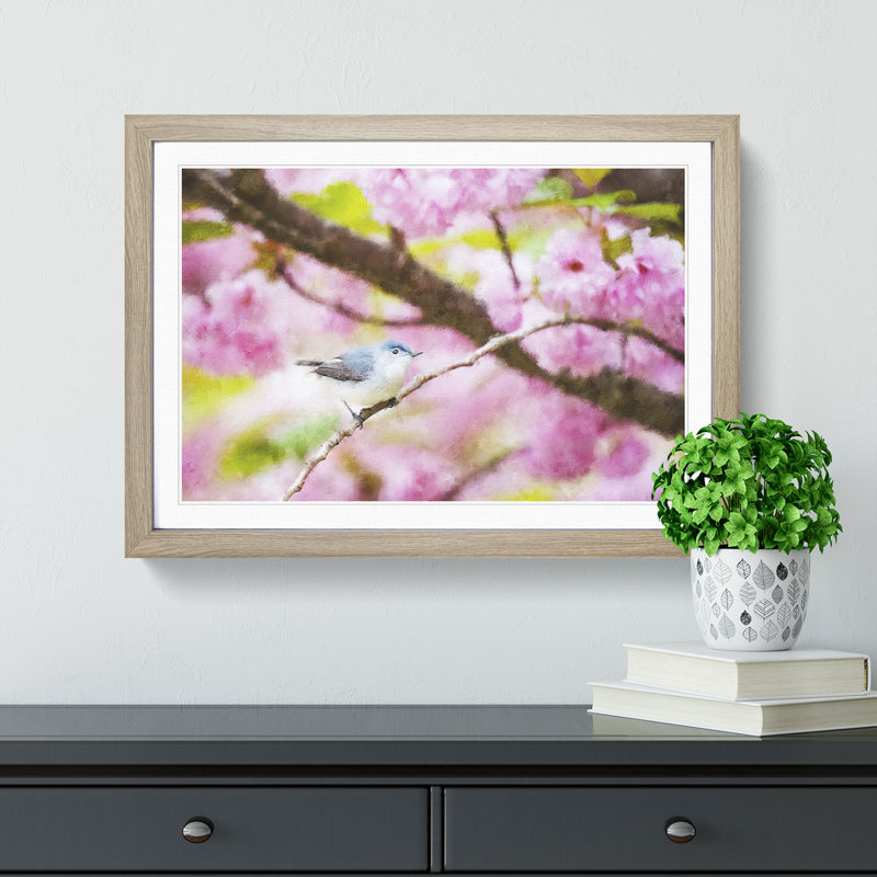 Bird In The Cherry Blossom Tree Painting - Single Picture Frame Print on MDF, 33cm H x 45cm W x 2cm D, Oak