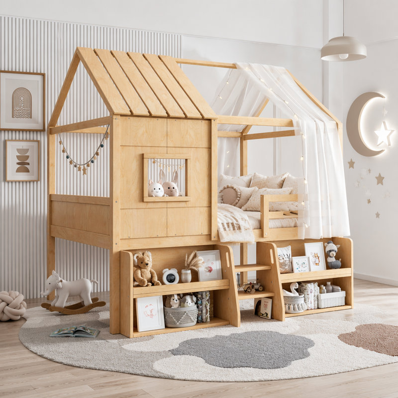 Lit mezzanine double avec tablettes de rangement et escaliers, Double, Naturel