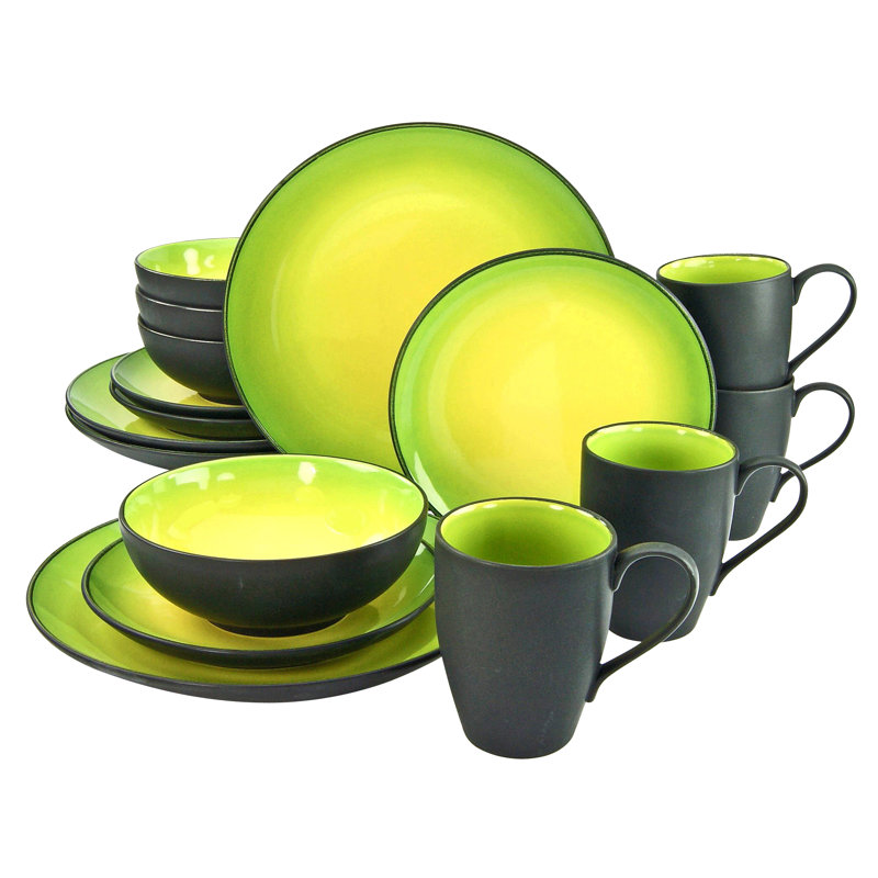 16 Piece Dinnerware Set, Service for 4, Black/Green/Yellow