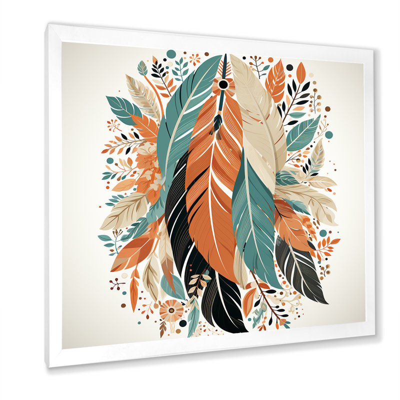 Plumes de bohème rétro en bleu et orange sur toile, H 16 po x l 16 po x P 1 po, Cadre simple blanc
