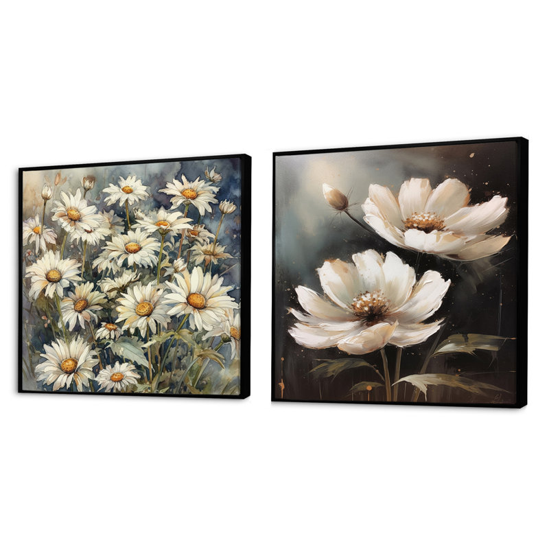 Melody of Daisy - blanc et vert, Cadre flottant noir, H 16 po x l 33 po