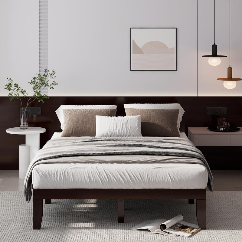 Base de lit plateforme en bois massif 14 pouces, Espresso, Grand lit