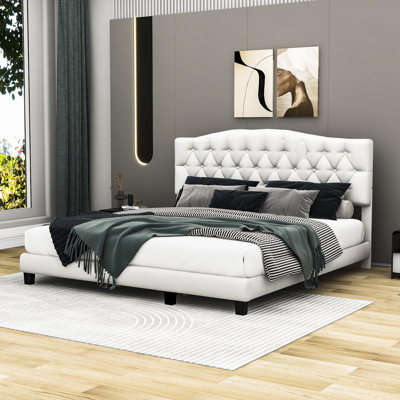 Zhelju Upholstered Platform Bed With Saddle Curved Headboard and Diamond Tufted Details