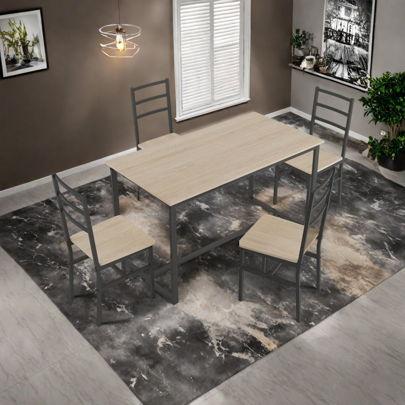 Ensemble de table et de chaises cinq pièces avec dossier, style industriel, structure solide, Beige, Noir, noir, noir, noir