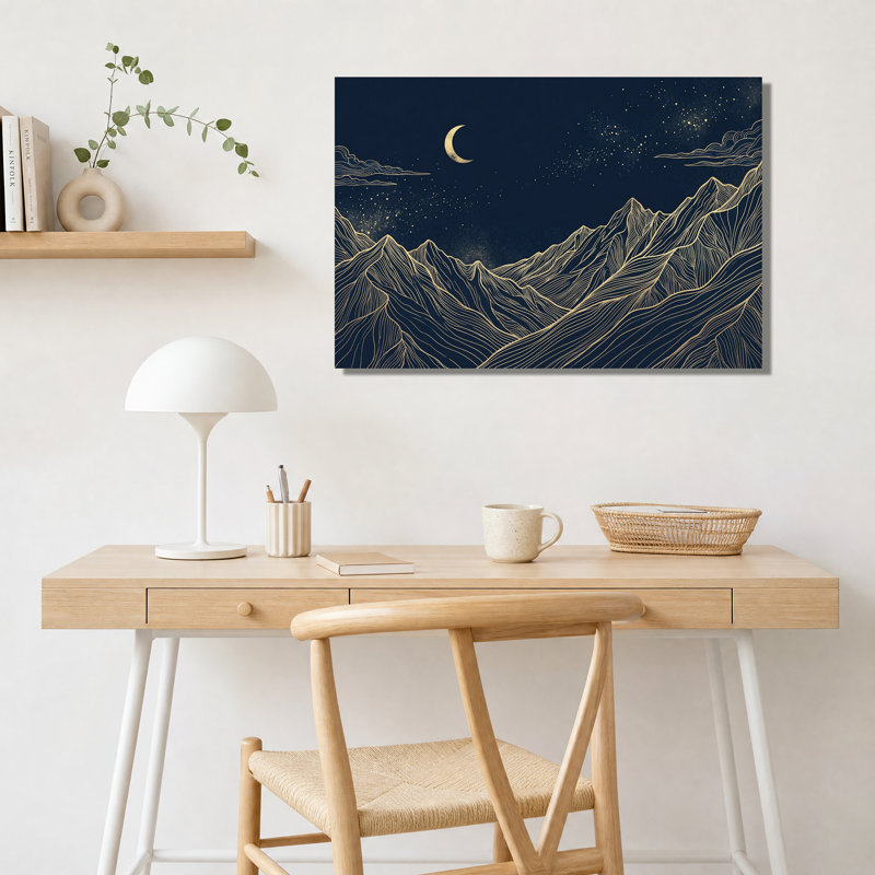 Toile murale représentant une chaîne de montagnes sous un croissant de lune, avec des lignes dorées, H 20 po x l 30 po