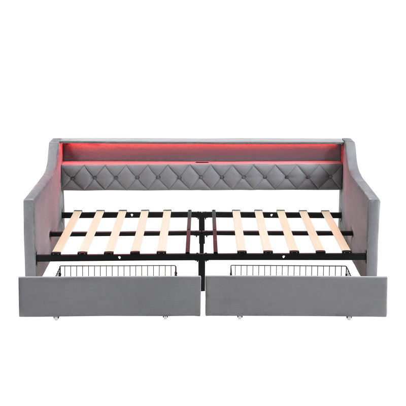Upholstered Single Daybed With Storage Drawers, Daybed With Led Lights, Charging Station
