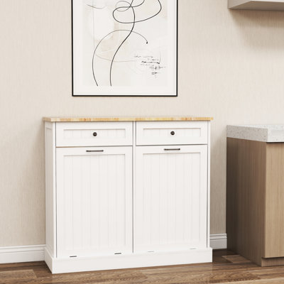 Armoire à poubelle blanche pour la cuisine - intérieur spacieux, boîte revêtue avec deux tiroirs et compartiments à l'intérieur
