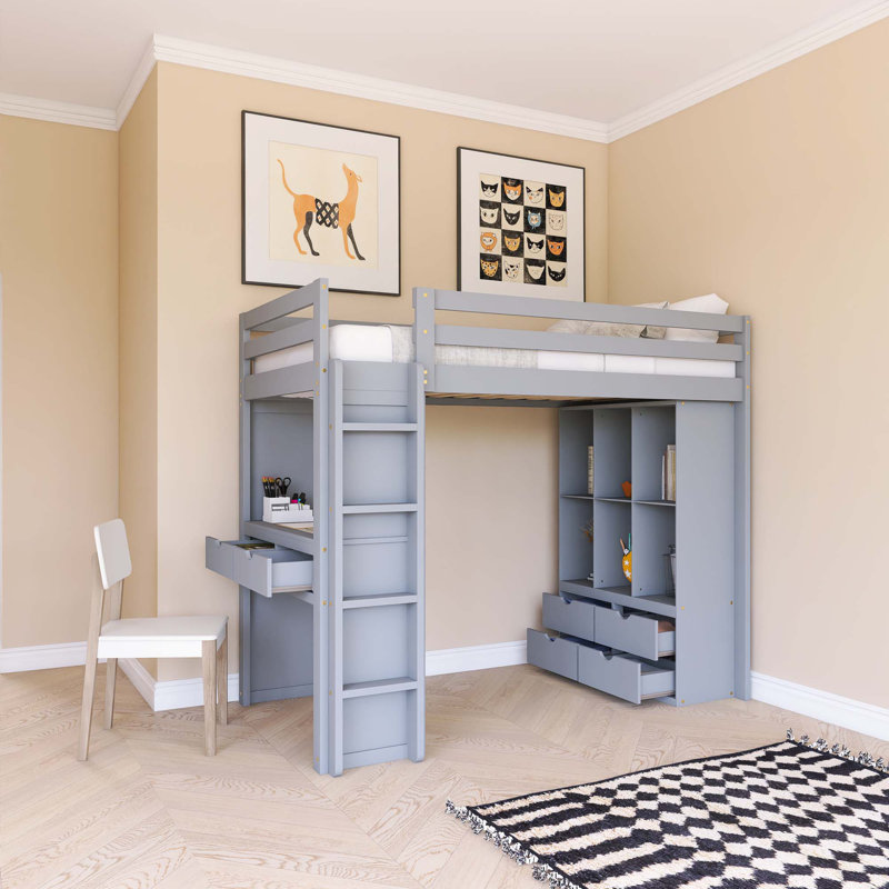 Lit mezzanine simple gris avec grandes tablettes, bureau et lumière DEL, Lit simple, Gris