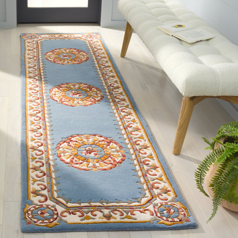 Addiline Hand Tufted Wool Cotton Floral Rug in Ivory/Light Blue, Runner 2'3" x 8'