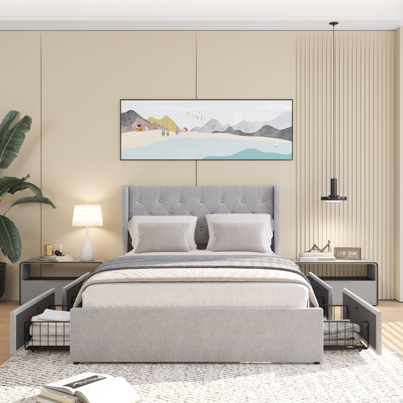 Size Bed Frame With 4 Storage Drawers And Wingback Headboard, Button Tufted Design,, Grey, Full