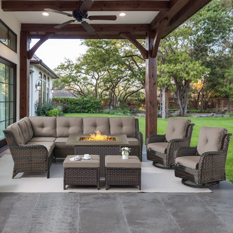 Dahlyla 8- Person Outdoor PE Wicker Sectional Seating Group with Fire Pit, Ottomans and Cushions, Brown, Gray