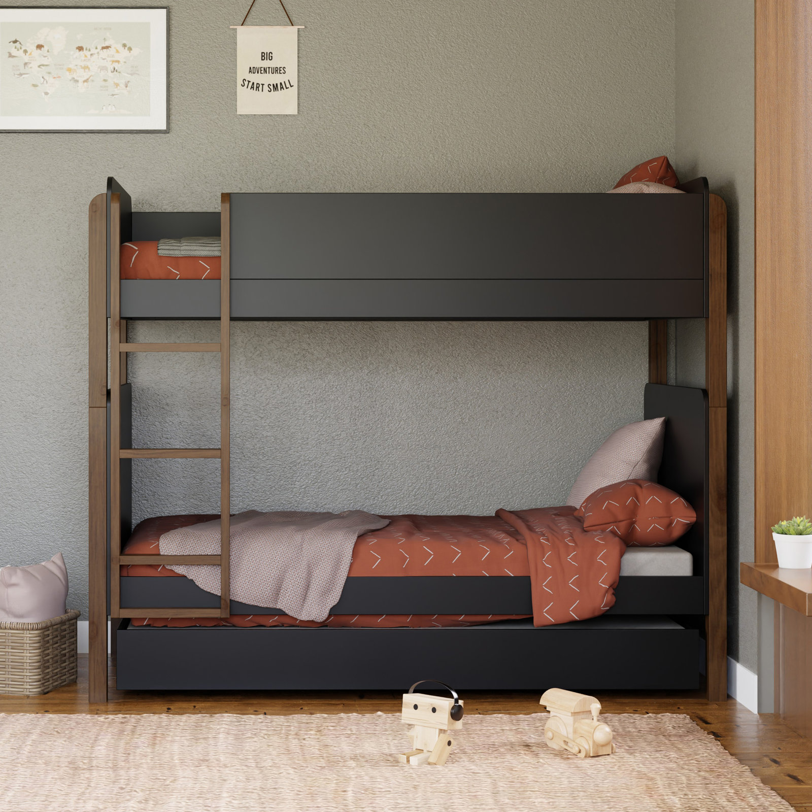 TipToe Twin Bunk Bed, Black/Natural Walnut