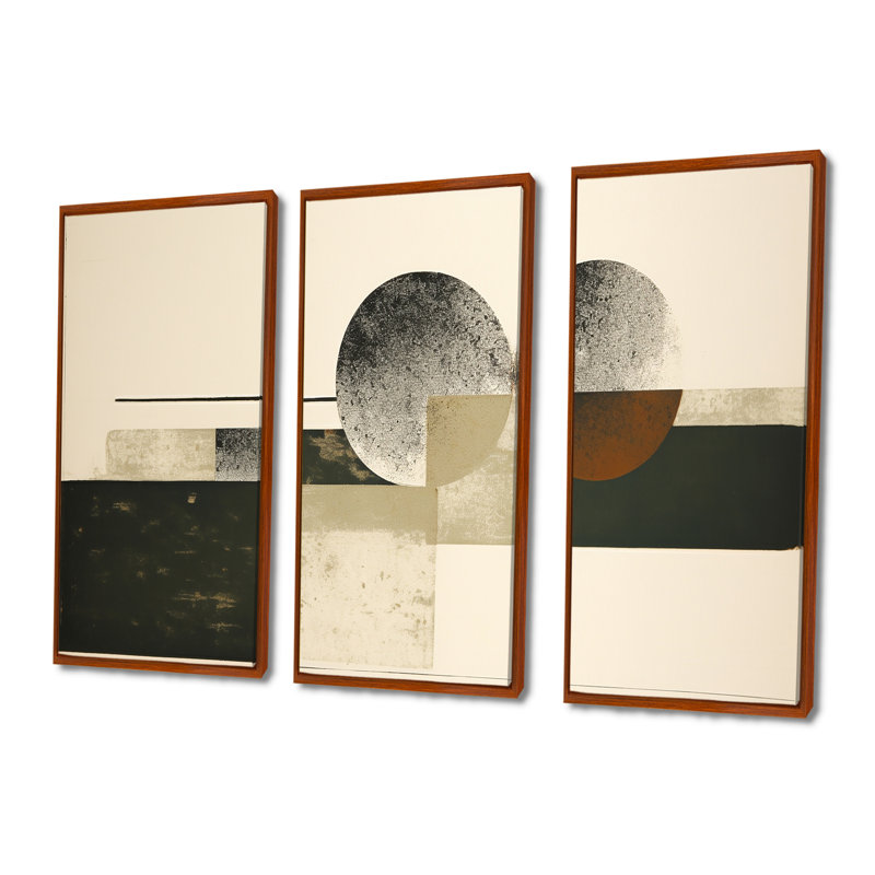 Ensemble de salon art mural rétro vert lune, Cadre flottant brun, H 32 po x l 48 po x P 1 po