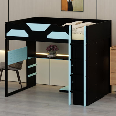 Lit mezzanine intelligent avec espace de travail intégré, tablettes d'organisation, charge USB et lumières RVB personnalisables