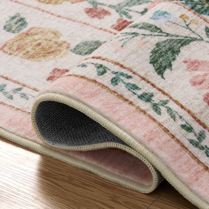 Tapis lavable antidérapant doux à motif floral beige et rose, Rectangle 9 pi x 12 pi, Beige
