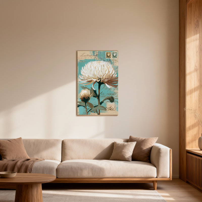 Plantes et fleurs, fond de carte postale rétro de chrysanthème blanc, H 28 po x l 40 po