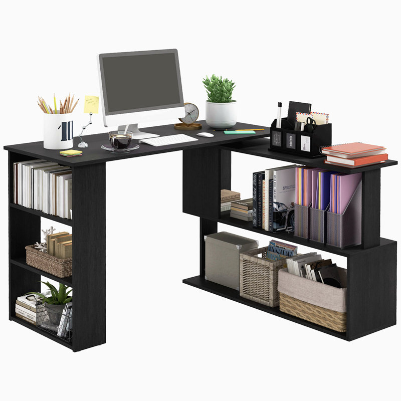 L Shaped Corner Desk, 360 Degree Rotating Home Office Desk With Storage Shelves, Writing Table Workstation