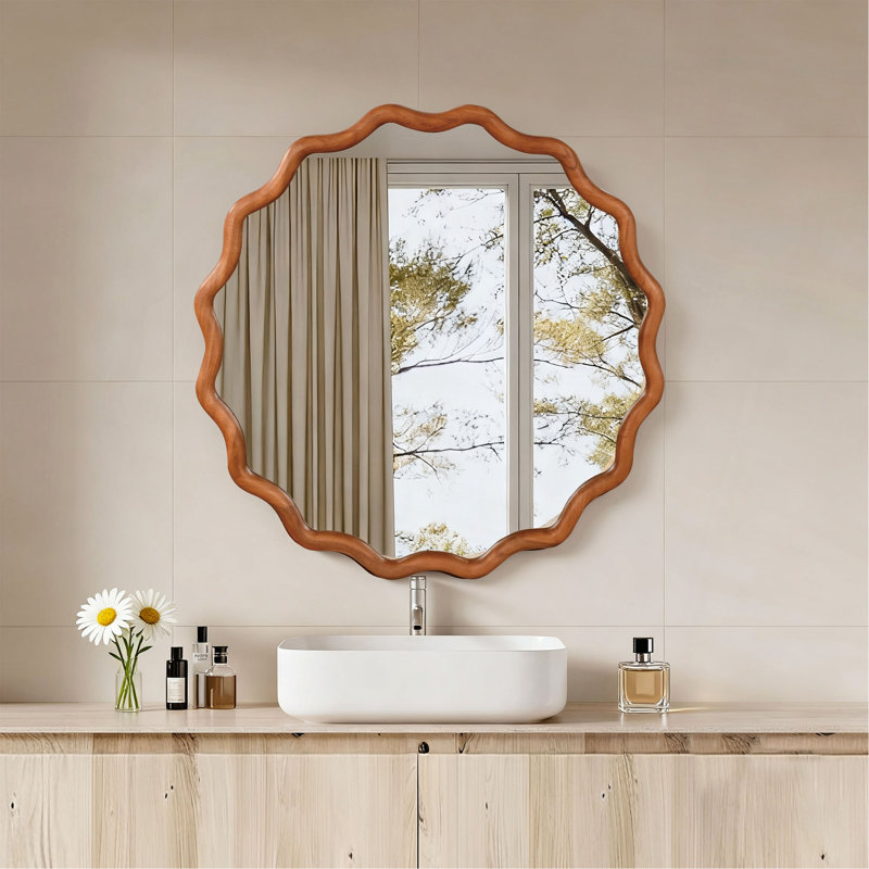 Miroir décoratif rond en bois massif Wavy, Brun jaune, 30 po x 30 po