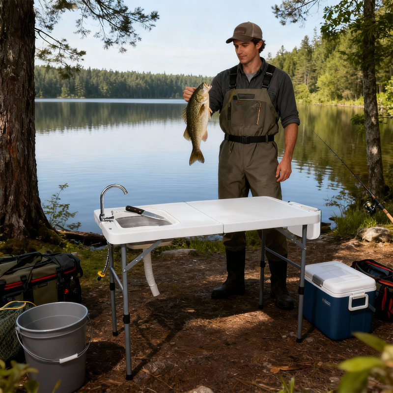 Table pliable de nettoyage d'extérieur pour poissons avec éviers, table en PEHD portable avec robinet, panier de rangement, pour pique-nique, blanc