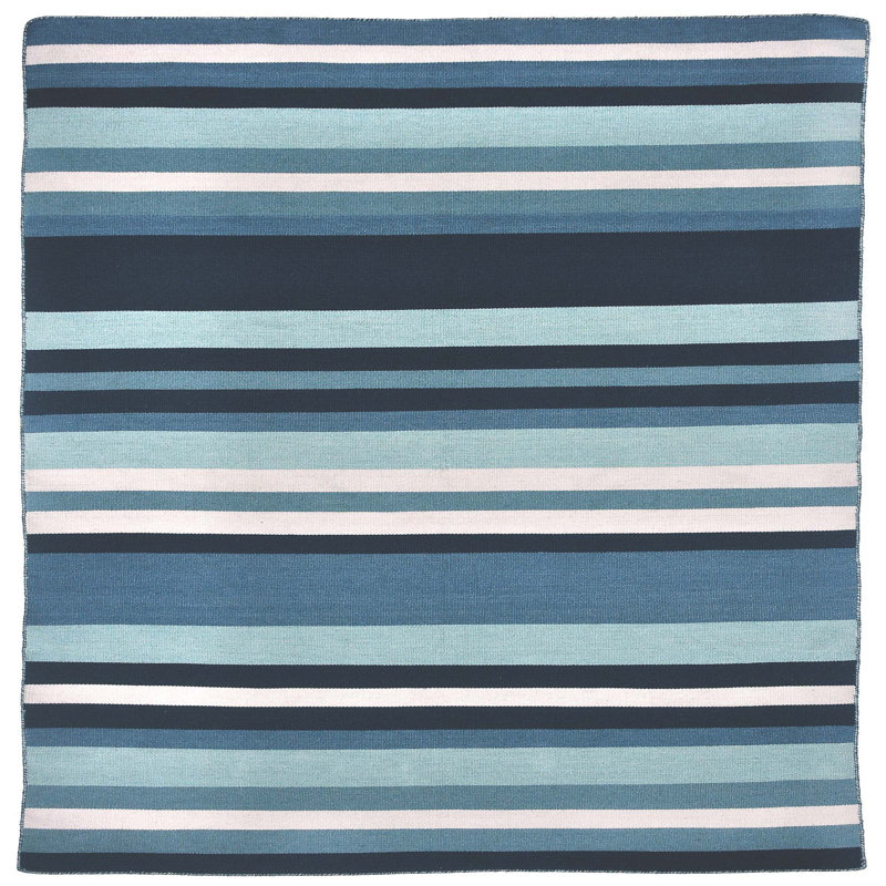 Tapis rayé bleu tissé à plat à la main Jonathon, Carré 8 pi