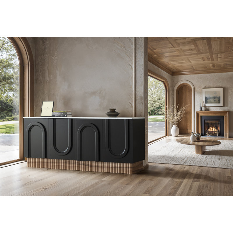 Buffet Manolya à 4 portes avec porte dimensionnelle, plateau en faux marbre et base en bois