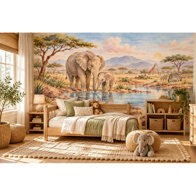 Elephant Family Wallpaper Mural, Peel and Stick Kids Room Wall Mural, Watercolor Safari Nursery Wallpaper, 305 x 254 cm