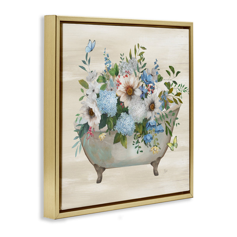 "Floral Bouquet Bath", art mural encadré flottant doré par Nan, Cadre flottant métallique doré, H 25 po x l 25 po