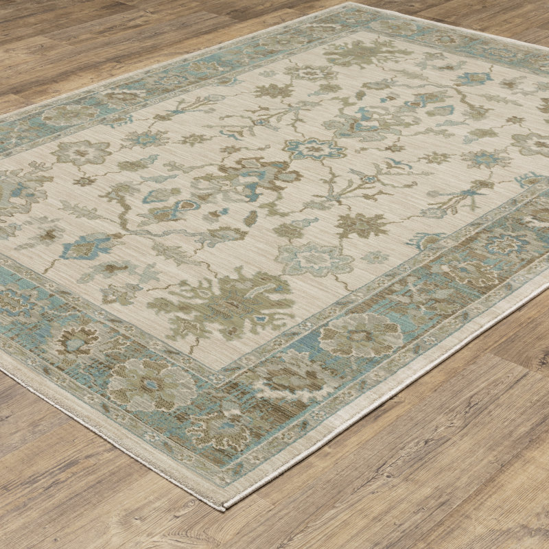 Graicyn Traditional Oriental Beige/ Teal Area Rug, Rectangle 3'3" x 5'