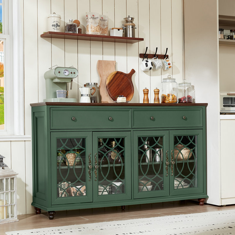 Buffet Farmhouse avec rangement, grande crédence de 59 po avec 4 portes en verre et 2 tiroirs, console à tablettes réglables, bar à café en bois pour la salle à manger, le salon