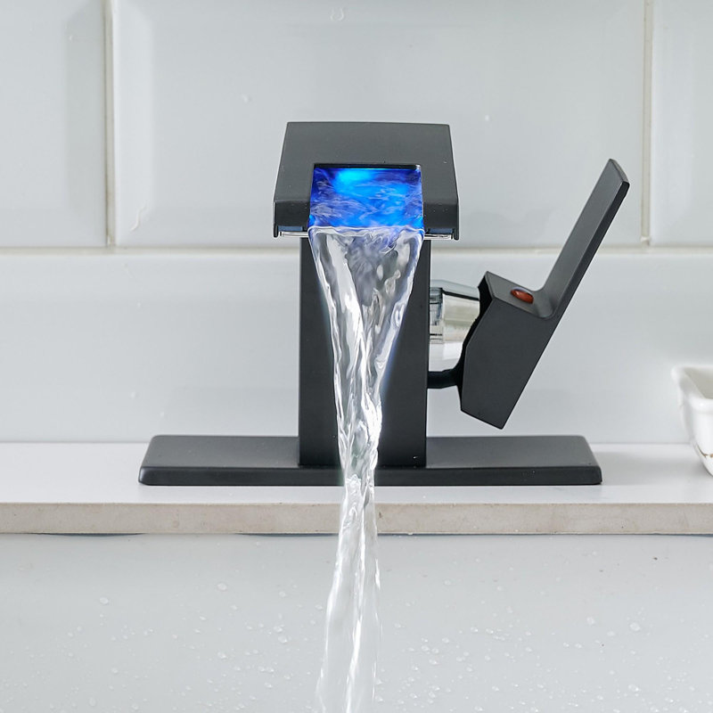 Robinet de salle de bain à un trou avec lumières DEL 3 changements de couleur, Noir
