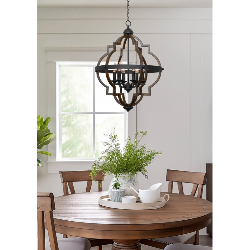 Estefanita 6 - Light Dimmable Geometric Chandelier, Textured Black Accents/Walnut Style Finish