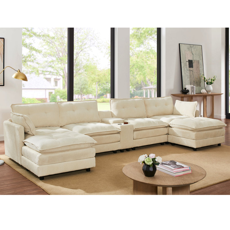 154" Sectional Cloud Sofa Couch With Ottomans, Modular U Shaped Couches For Living Room, Comfy Corduroy Oversized Sectional Modern 6 Seat Deep Seat Sofa Set With Central Console Usb Port