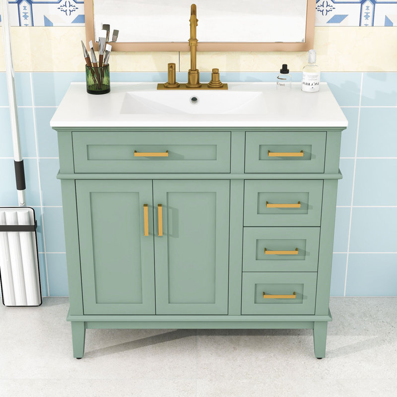 Meuble-lavabo de 36 po avec deux portes à fermeture douce et quatre tiroirs, Vert clair
