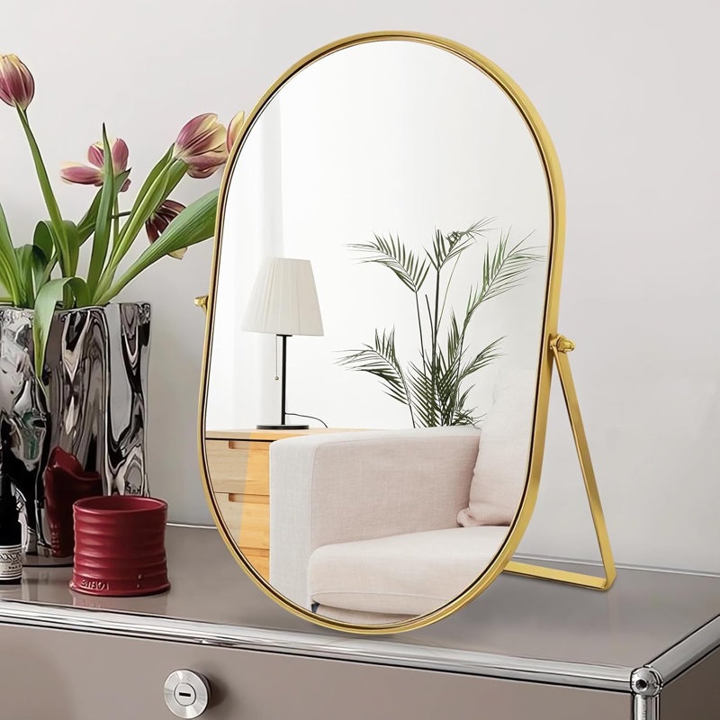 Miroir de table de salle de bain Miroir de maquillage ovale à rotation réglable à 90 ° avec cadre en métal doré Miroirs sur pied pour salle de bain