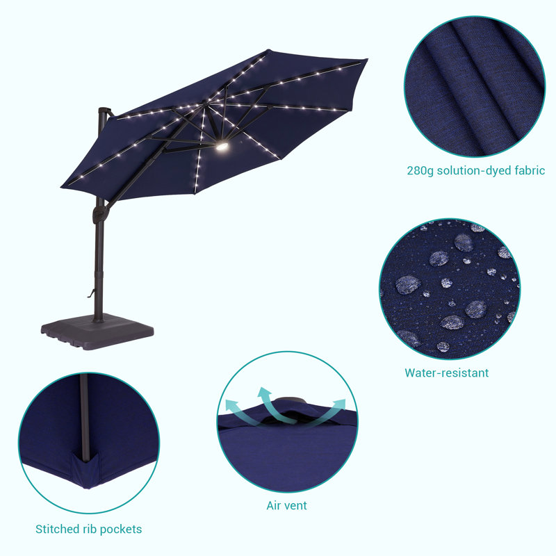 Navy Blue 11ft Cantilever Umbrella with LED Lights and Base