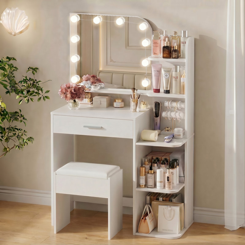 Coiffeuse de maquillage avec miroir lumineux à DEL et 5 tablettes ouvertes pour la chambre à coucher, Blanc