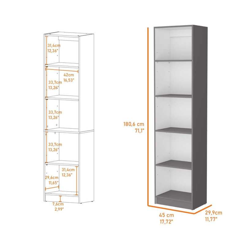 Bibliothèque mince avec cinq tablettes de rangement pour organiser et décorer votre espace