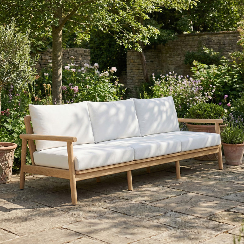 Maia 85" Teak Sofa, White Cushions, White