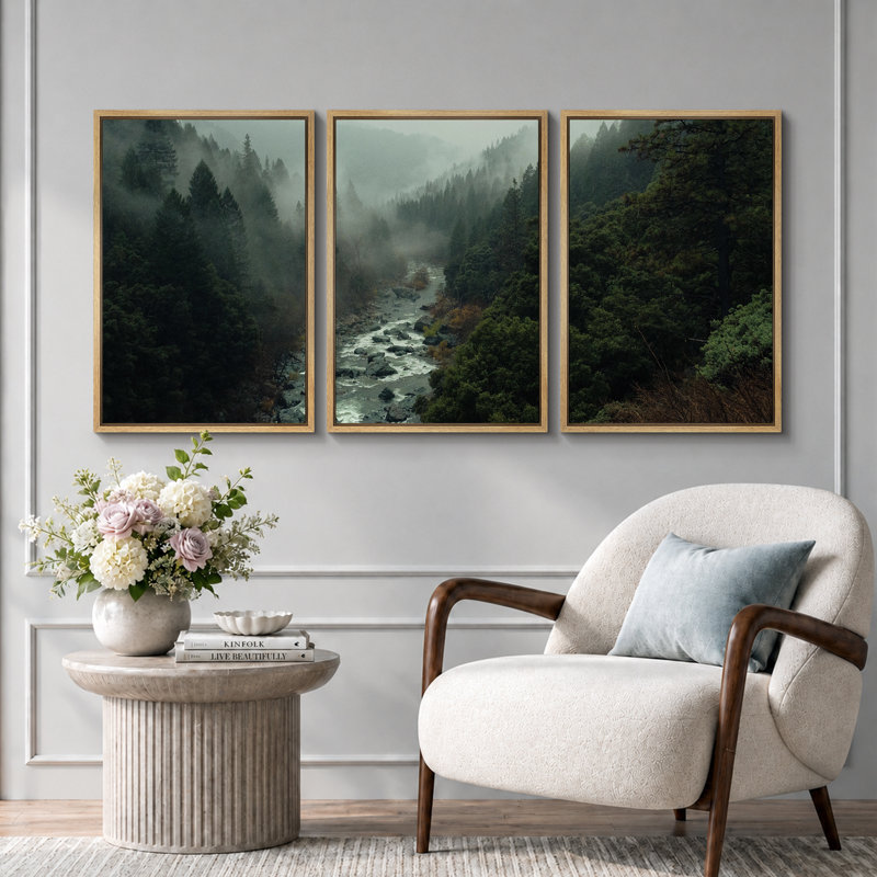 "Misty Forest Landscape", "Hazy Moody Dark Green River Nature", Tranquil Panoramic Modern Rustic Woodland Wall Art