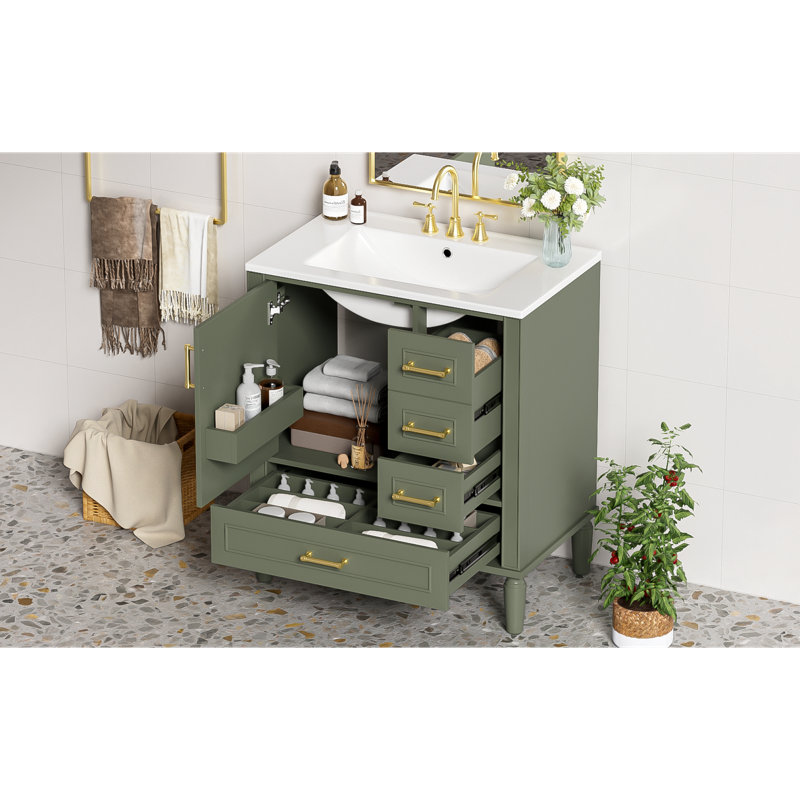 Meuble-lavabo moderne compact vert olive avec lavabo en céramique pour un rangement élégant