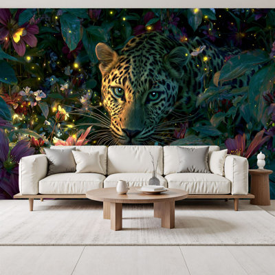 Leopard Peel and Stick Wallpaper Leopard Jungle Glowing Fireflies Artwork Wall Murals 69"H x 96"W Removable PVC Wall Paper Self-Adhesive Wall Decor for Girls Women Bedroom Living Room Home Office