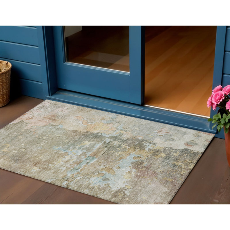 3' X 5' Brown Abstract Washable Indoor Outdoor Area Rug