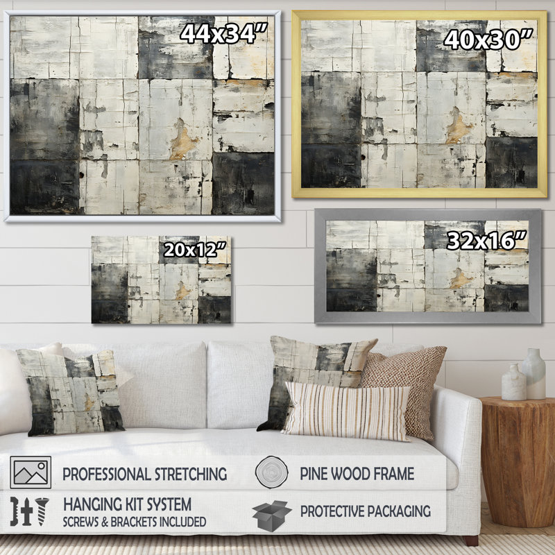 Carreau abstrait gris et gris II, H 24 po x l 32 po x P 1 po, Cadre flottant blanc