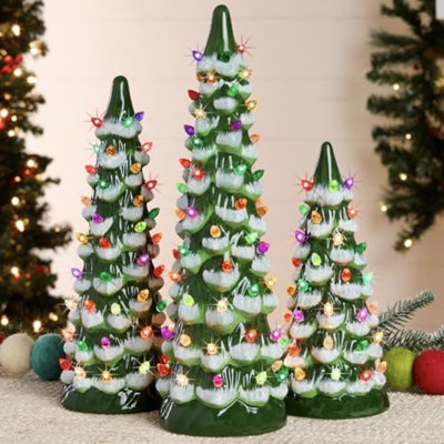 Ensemble de 3 arbres de Noël en céramique XL, décoration de Noël de table pré-éclairée peinte à la main avec ampoules multicolores, lumières DEL - vert givré