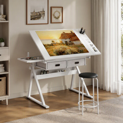 Adjustable drawing drafting table desk with 2 drawers for home office and school with stool (all white)