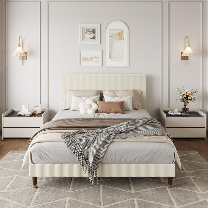 Base de lit plateforme tapissier, tête de lit en tissu et lattes en bois, Double, Beige