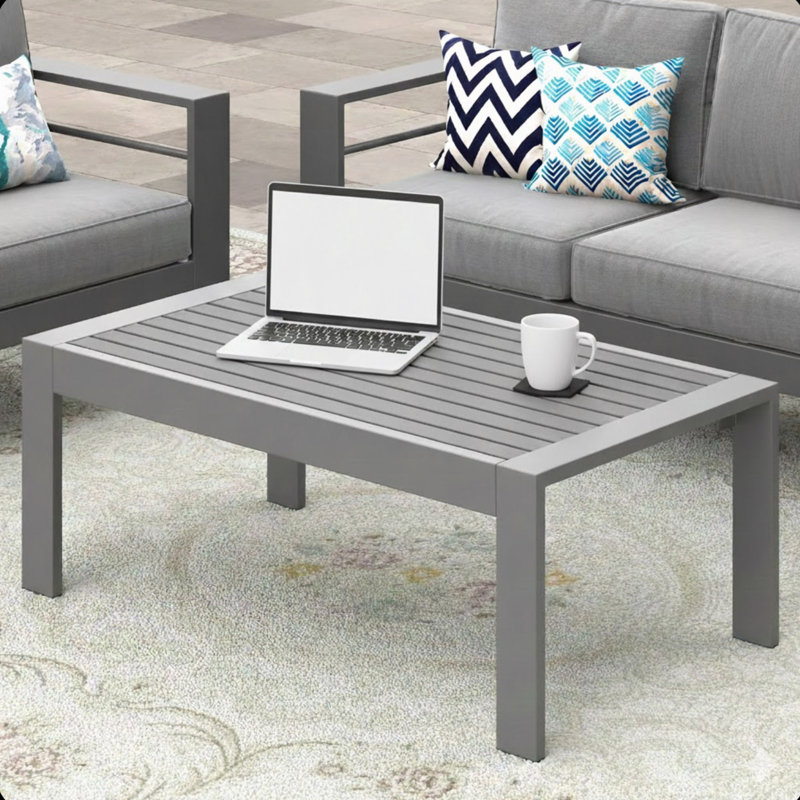 Table basse d'extérieur en métal toutes saisons 43 po x 24 po avec plateau et cadre d'aspect bois, Gris